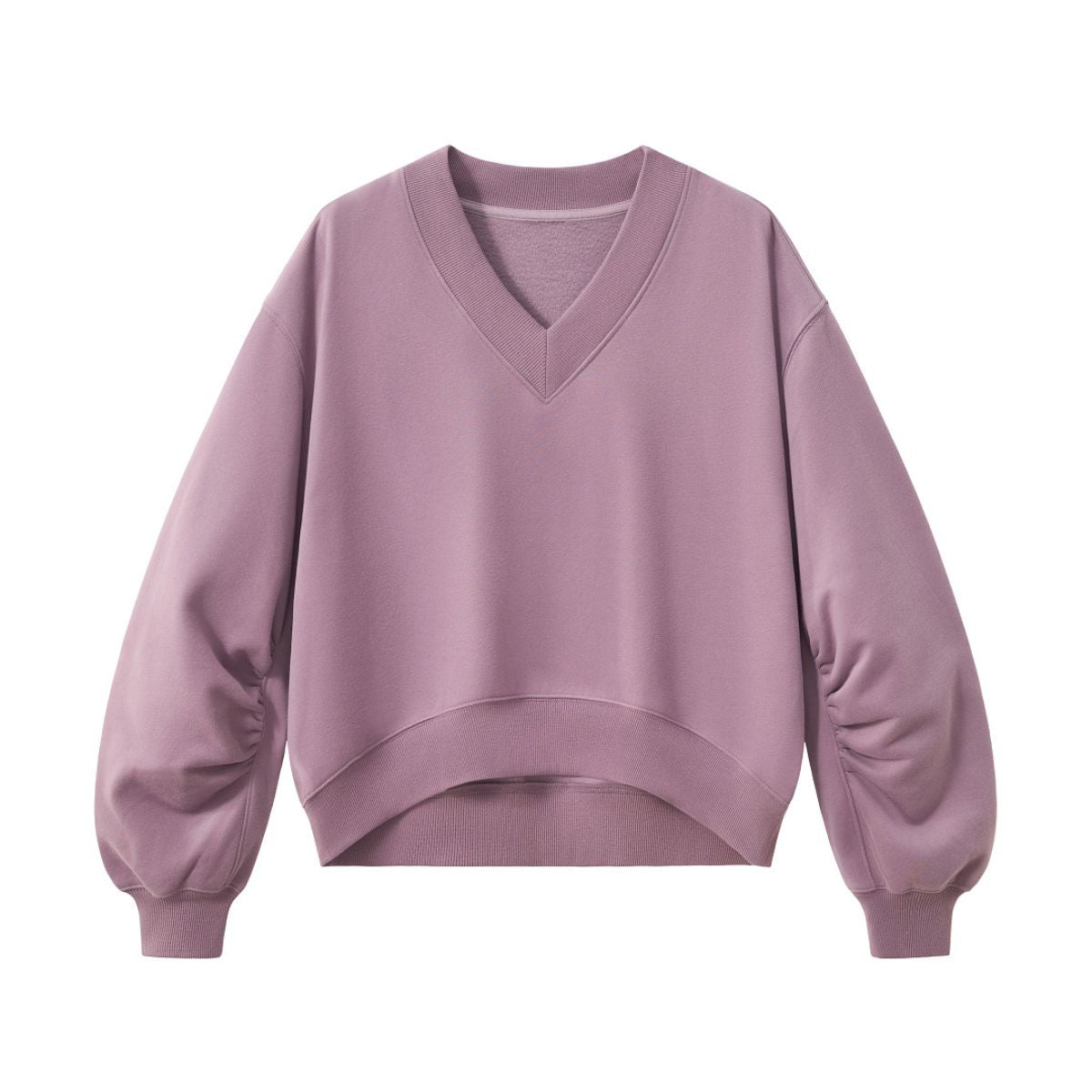 Boxy Short‑Wide V‑Neck Sweatshirt With Gathered Lantern Puff Sleeves
