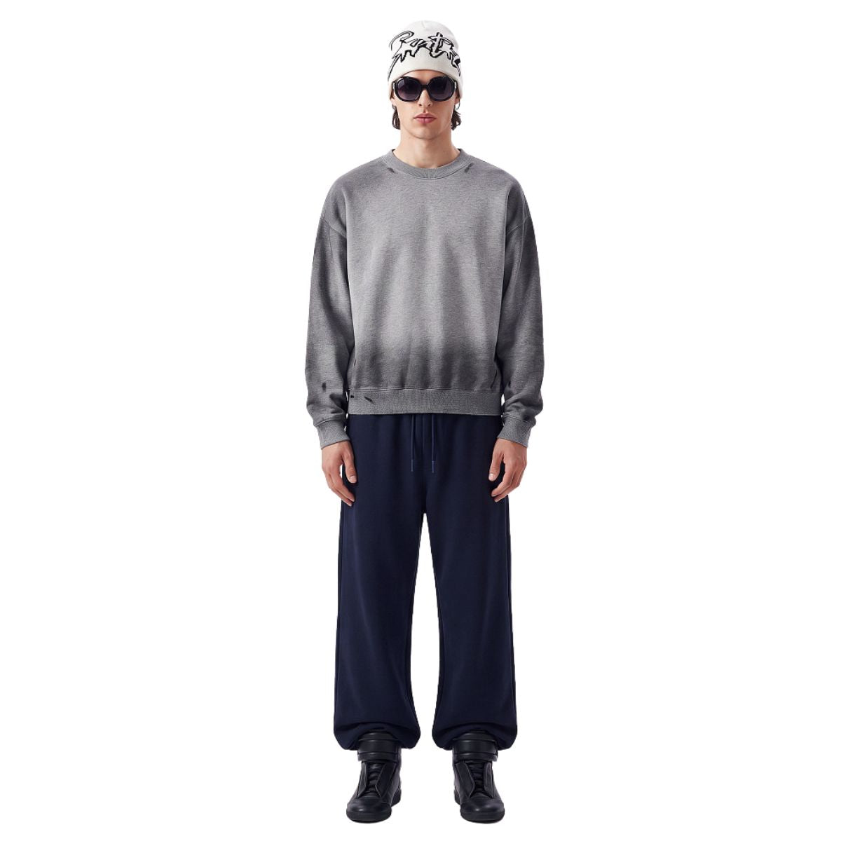 Cotton Terry Washed Distressed Graffiti Drop‑Shoulder Crewneck Sweatshirt
