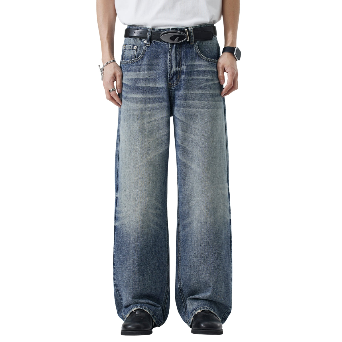 Vintage Washed Crease Effect Wide Leg Baggy Denim Jeans