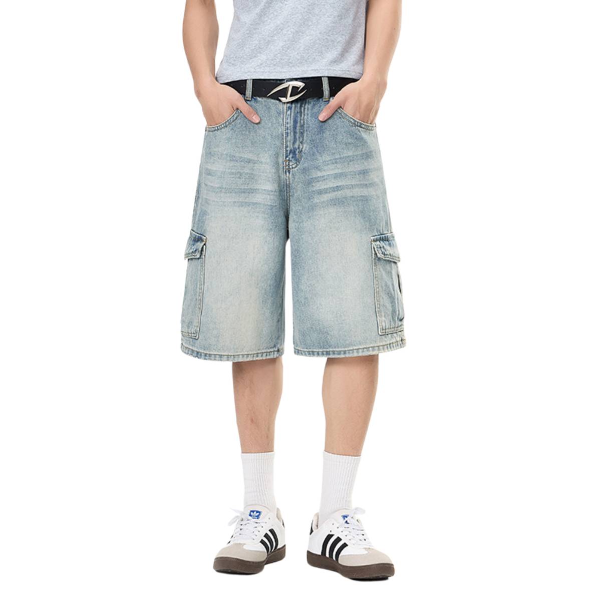 Vintage Washed Multi Pocket Denim Cargo Bermuda Shorts