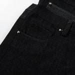 Faux Leather Accent High Waisted Wide Leg Denim Trousers