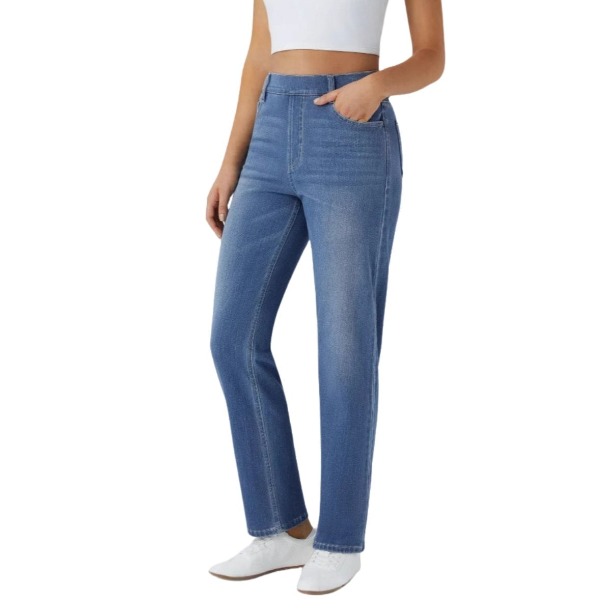 High Waisted Pull-On Straight Leg Jeans