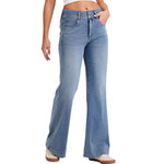 Mid-Rise Washed Knit Denim Flare Jeans