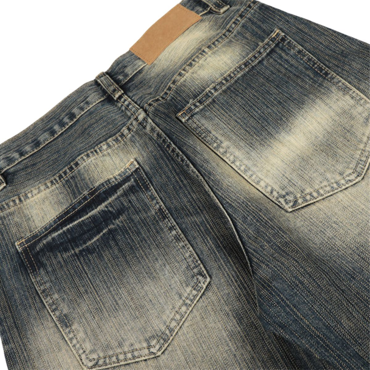 Men's Washed Faded Wide Leg Curved Denim Pants Distressed Punk