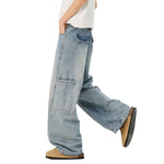 Faded Distressed Pleat Panel Oversized Loose Flared Jeans