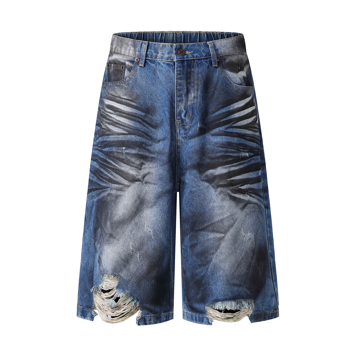Grungy Wash Ripped Hem Denim Bermuda Shorts