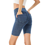 Crossover Waist Washed Stretchy Knit Denim Shorts