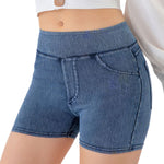 Mid-Waisted Washed Knit Denim Shorts