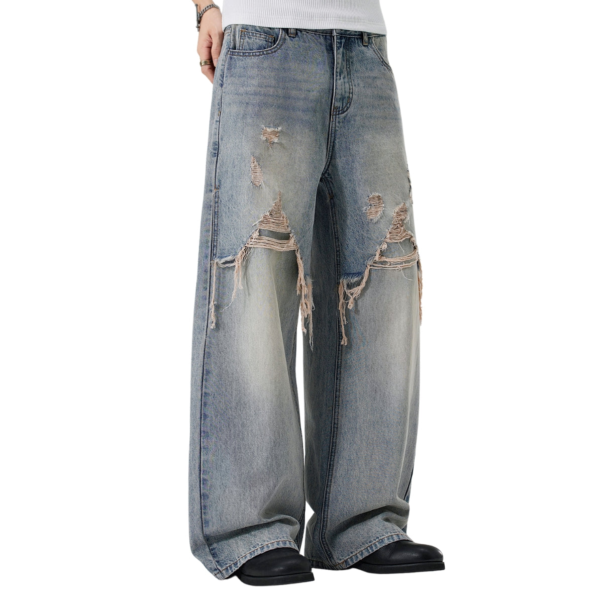 High Street Baggy Wide Leg Distressed Patchwork Denim Jeans