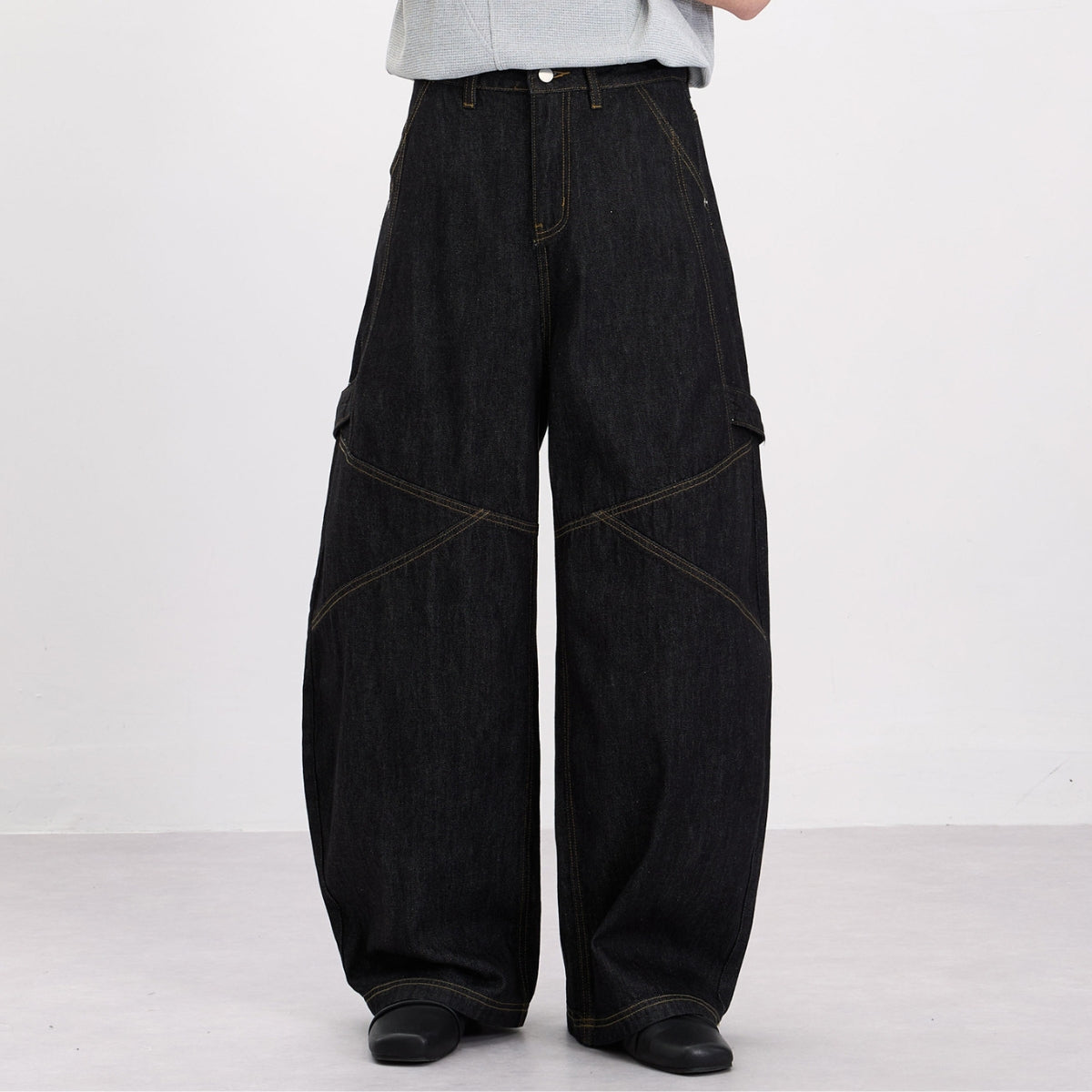 Washed Contrast-Stitch Baggy Relaxed Carpenter Denim Pants