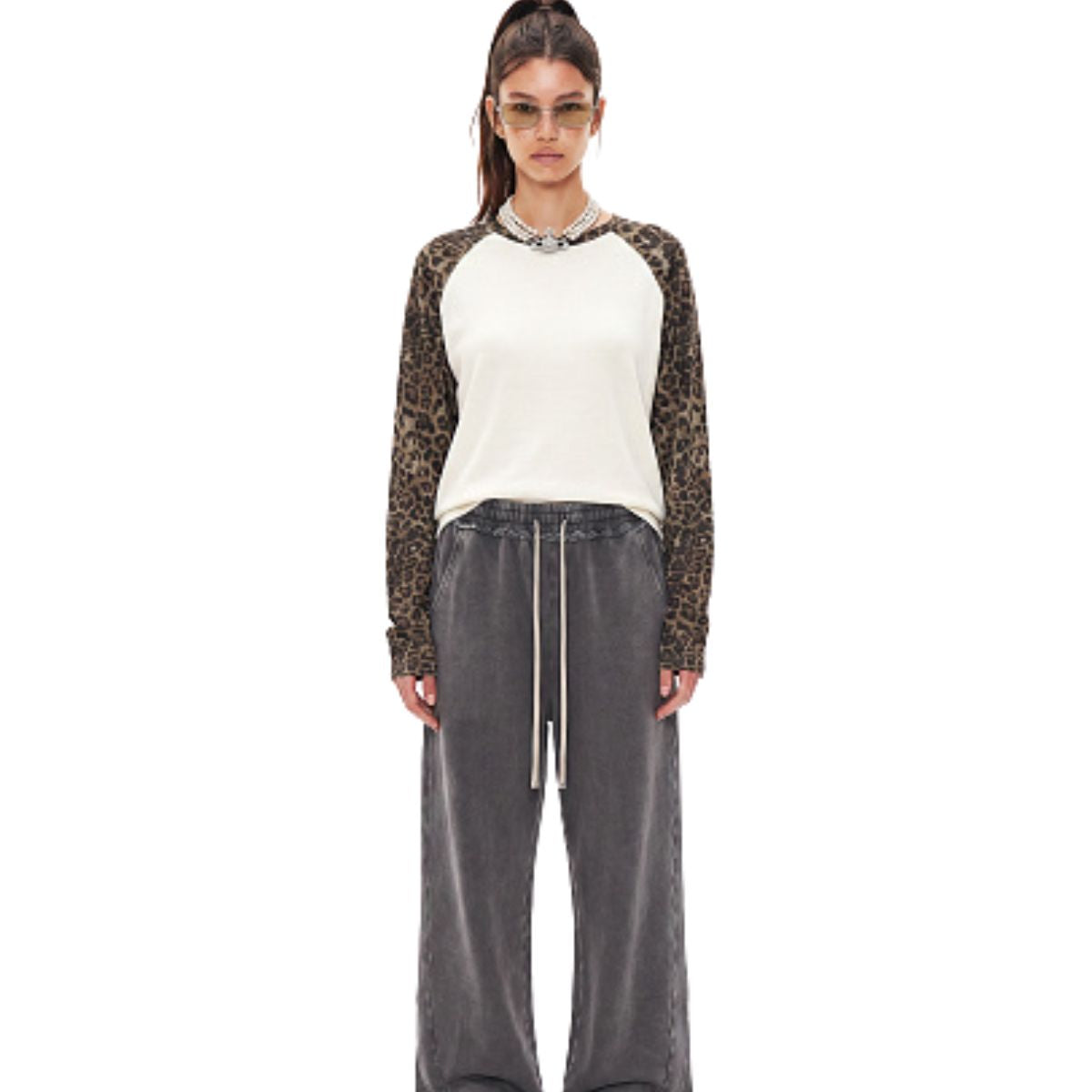 Unisex Leopard Print Raglan Stack Sleeve Crop T-Shirt