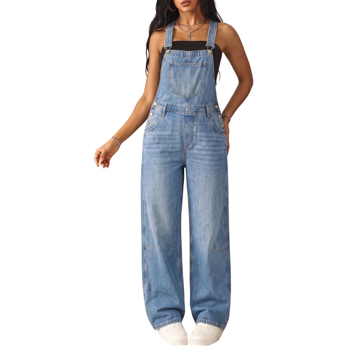 Women's Loose Fit Adjustable Strap Cargo Denim Bib Overalls