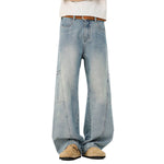 Faded Distressed Pleat Panel Oversized Loose Flared Jeans