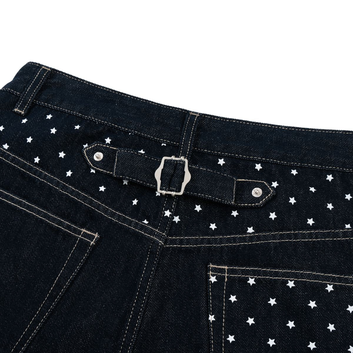 Star‑Print Curved Blade Raw Denim Jeans