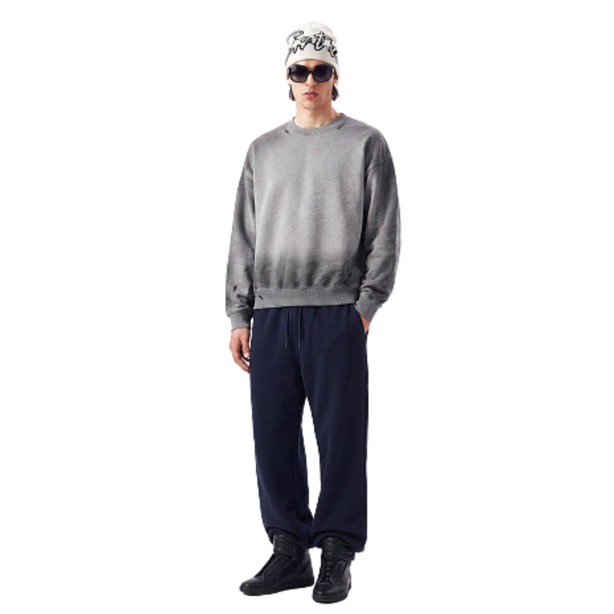 Cotton Terry Washed Distressed Graffiti Drop‑Shoulder Crewneck Sweatshirt