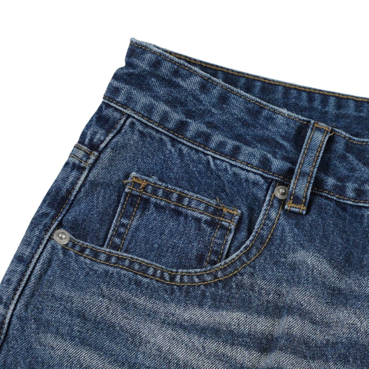 Deep Blue Washed Cat Whisker A-Line Straight Baggy Denim Jeans