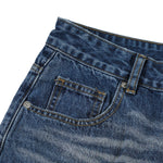Deep Blue Washed Cat Whisker A-Line Straight Baggy Denim Jeans