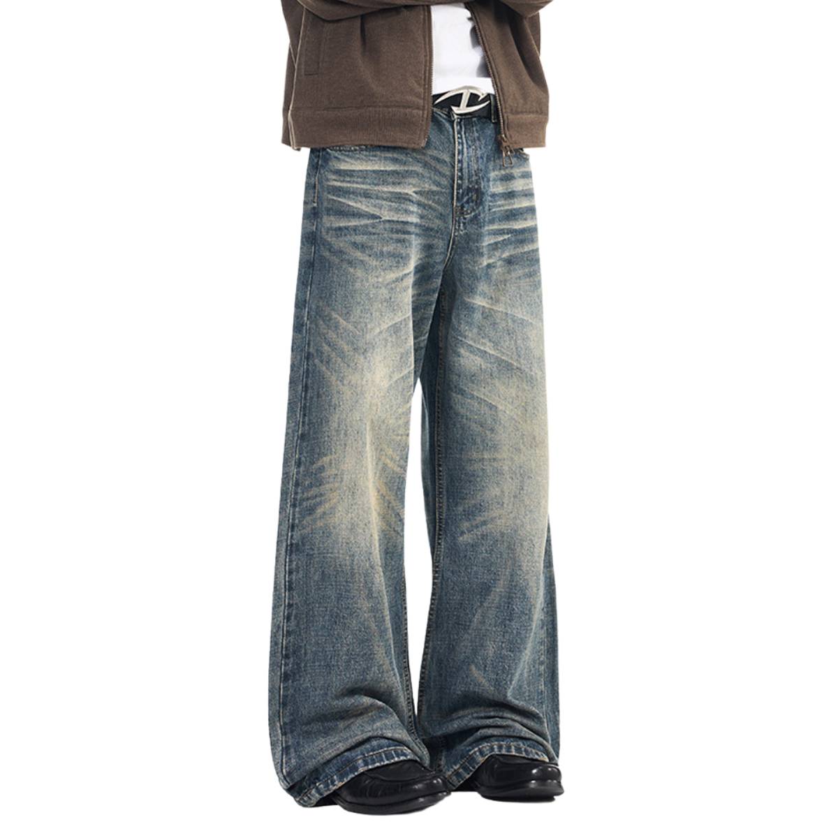 Wash Vintage Whiskered Fluid Flow Wide Leg Denim Jeans