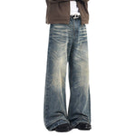 Wash Vintage Whiskered Fluid Flow Wide Leg Denim Jeans