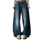 Faded Crackle Wash Baggy Curved Leg Denim Jeans