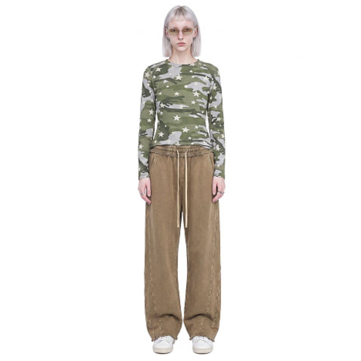 Star Camo Cropped Slim Fit Long Sleeve Layering Base Top