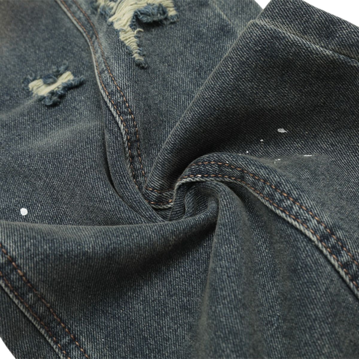 Men's Curved Denim Pants Wide Leg Distressed Paint Splatter Holes