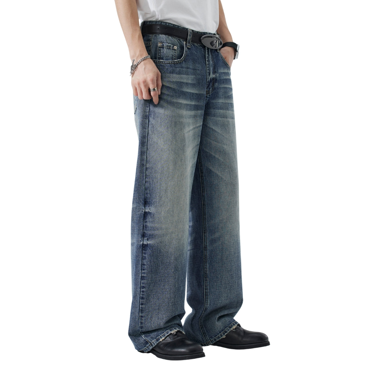 Vintage Washed Crease Effect Wide Leg Baggy Denim Jeans