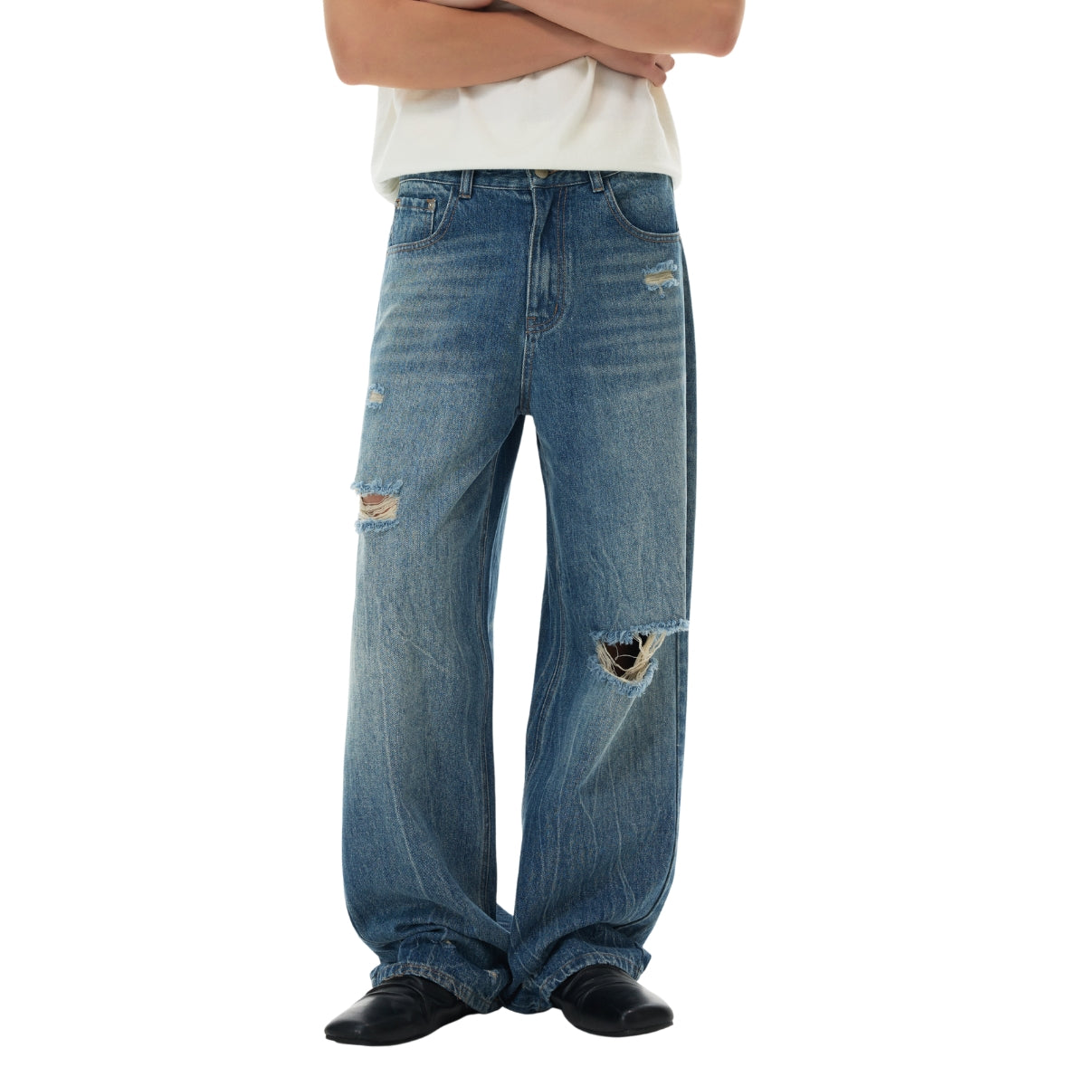 Retro Wash Ripped Wide Leg Denim Jeans