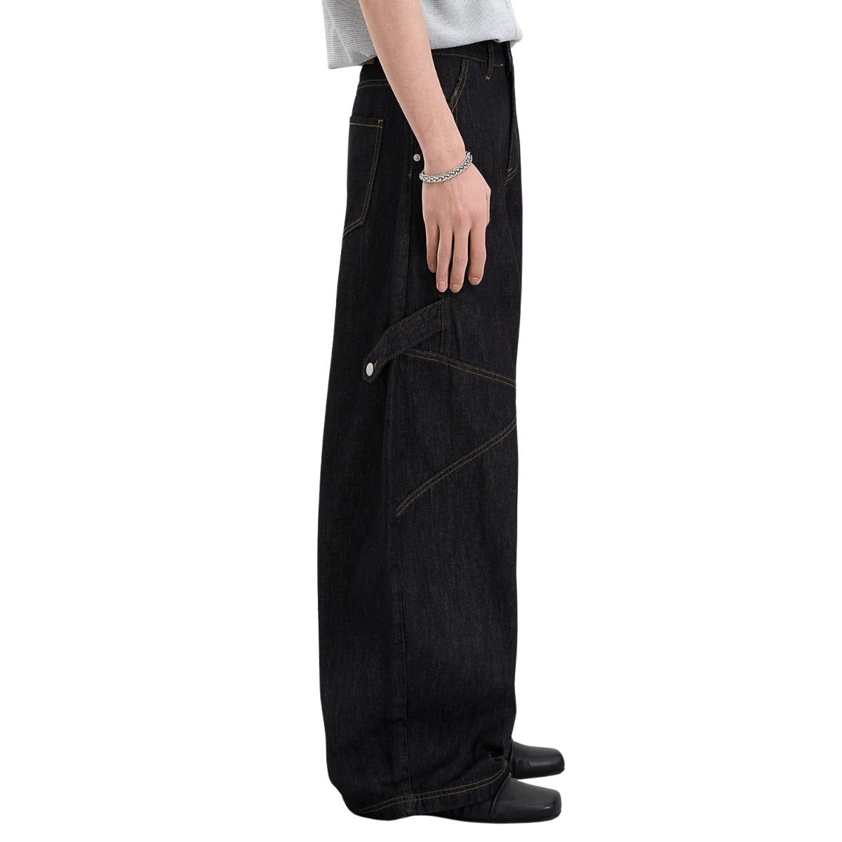 Washed Contrast-Stitch Baggy Relaxed Carpenter Denim Pants