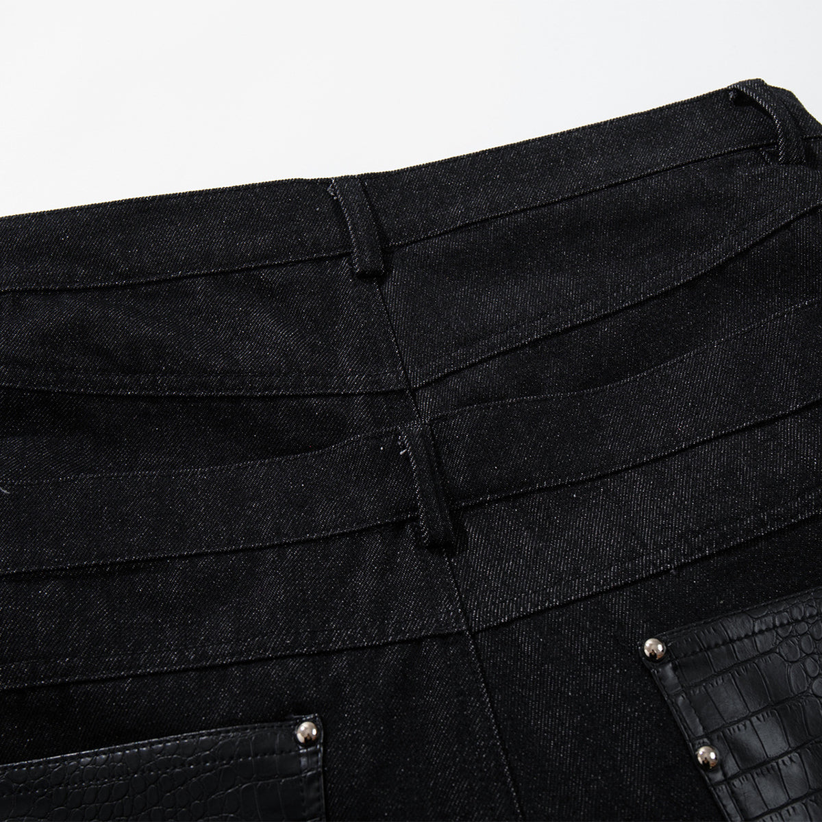 Faux Leather Accent High Waisted Wide Leg Denim Trousers