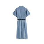 Short Sleeve Belted Midi Denim Shirtdress