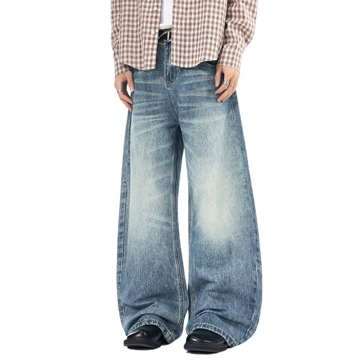 Vintage Whiskered Gradient Washed High Waist Barrel Wide Leg Denim Jeans