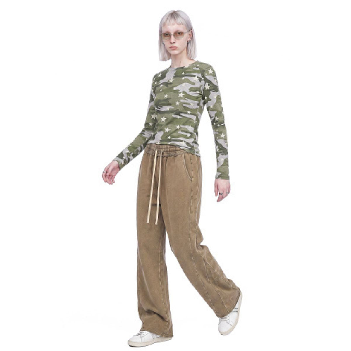 Star Camo Cropped Slim Fit Long Sleeve Layering Base Top