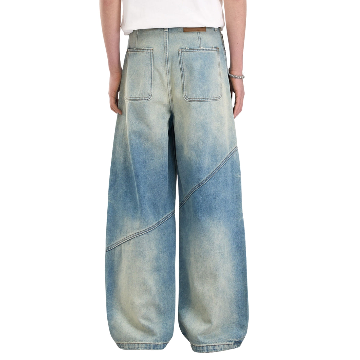 Retro Distressed Washed Baggy Patchwork Zip-Detail Relaxed Straight Fit Denim Jeans