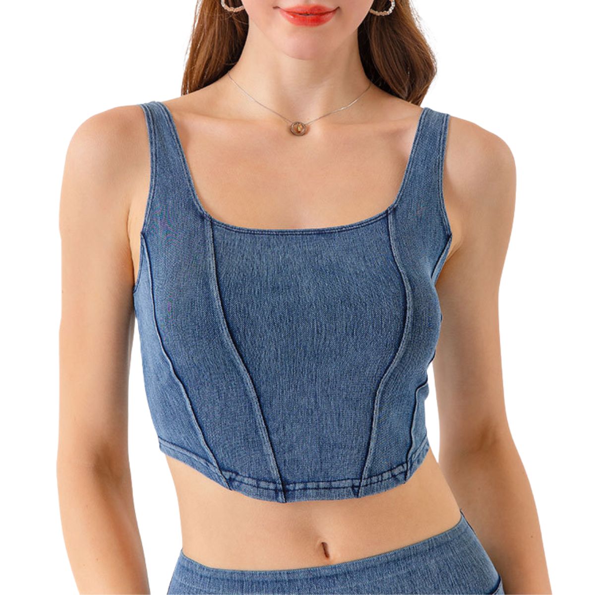 Knit Denim Square Neck Cropped Tank