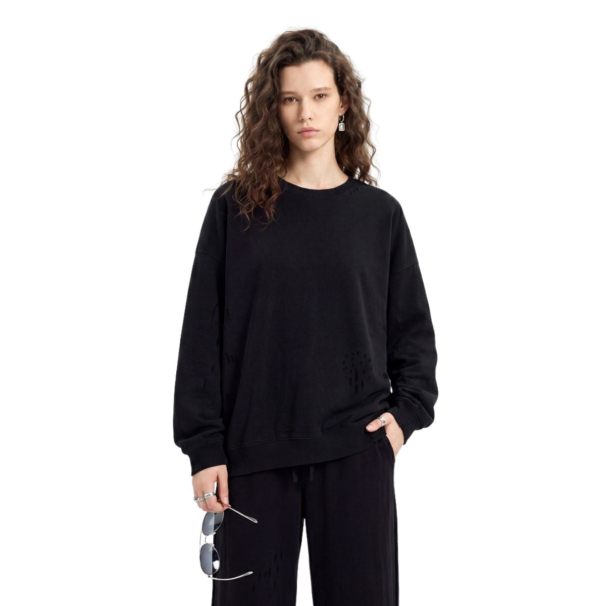 Heavyweight Solid Distressed Crew Neck Sweatshirt