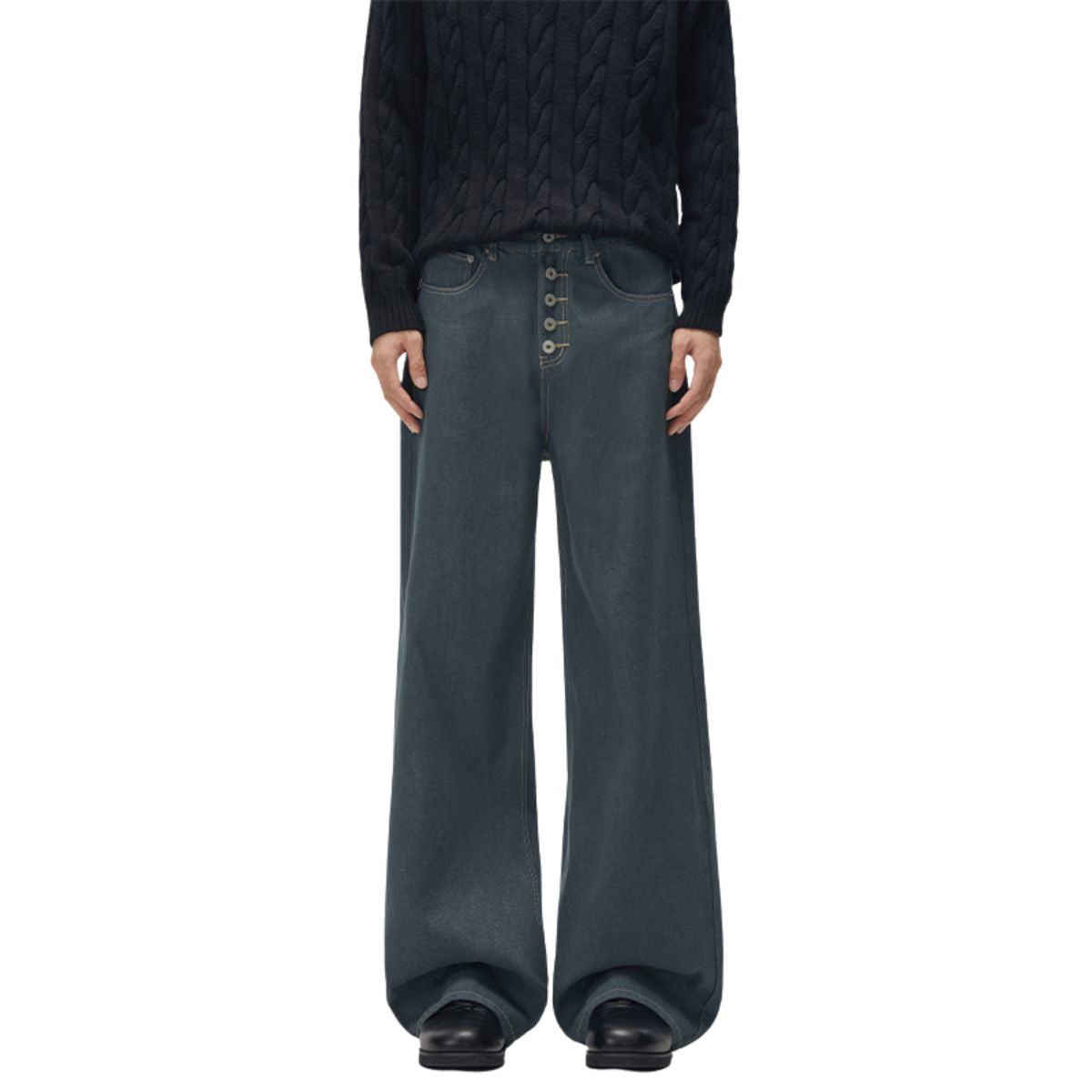 Raw Denim Jeans with Teal Multi‑Button Fly Design