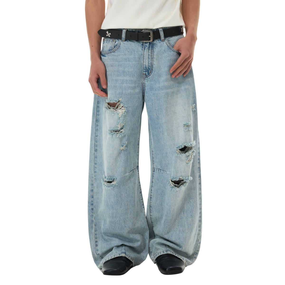 Wash Destroyed Pleated Baggy Jeans
