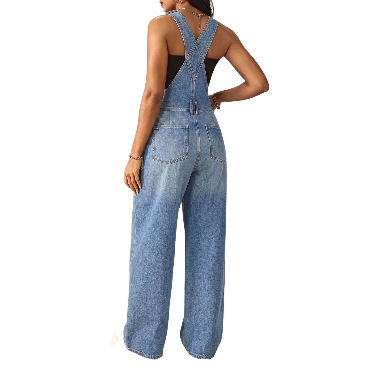 Women's Loose Fit Adjustable Strap Cargo Denim Bib Overalls