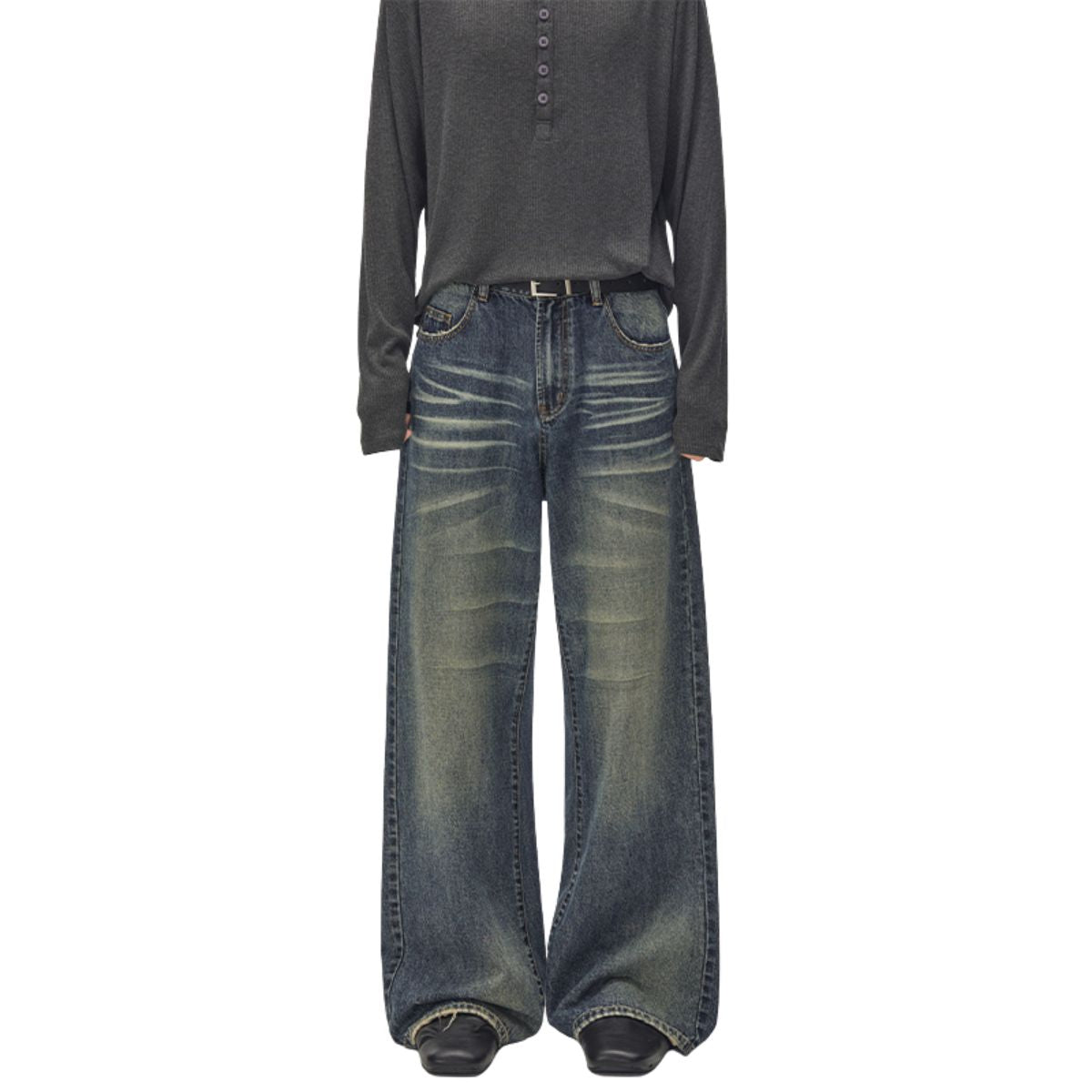 Loose Straight‑Leg Vintage Whiskered Jeans