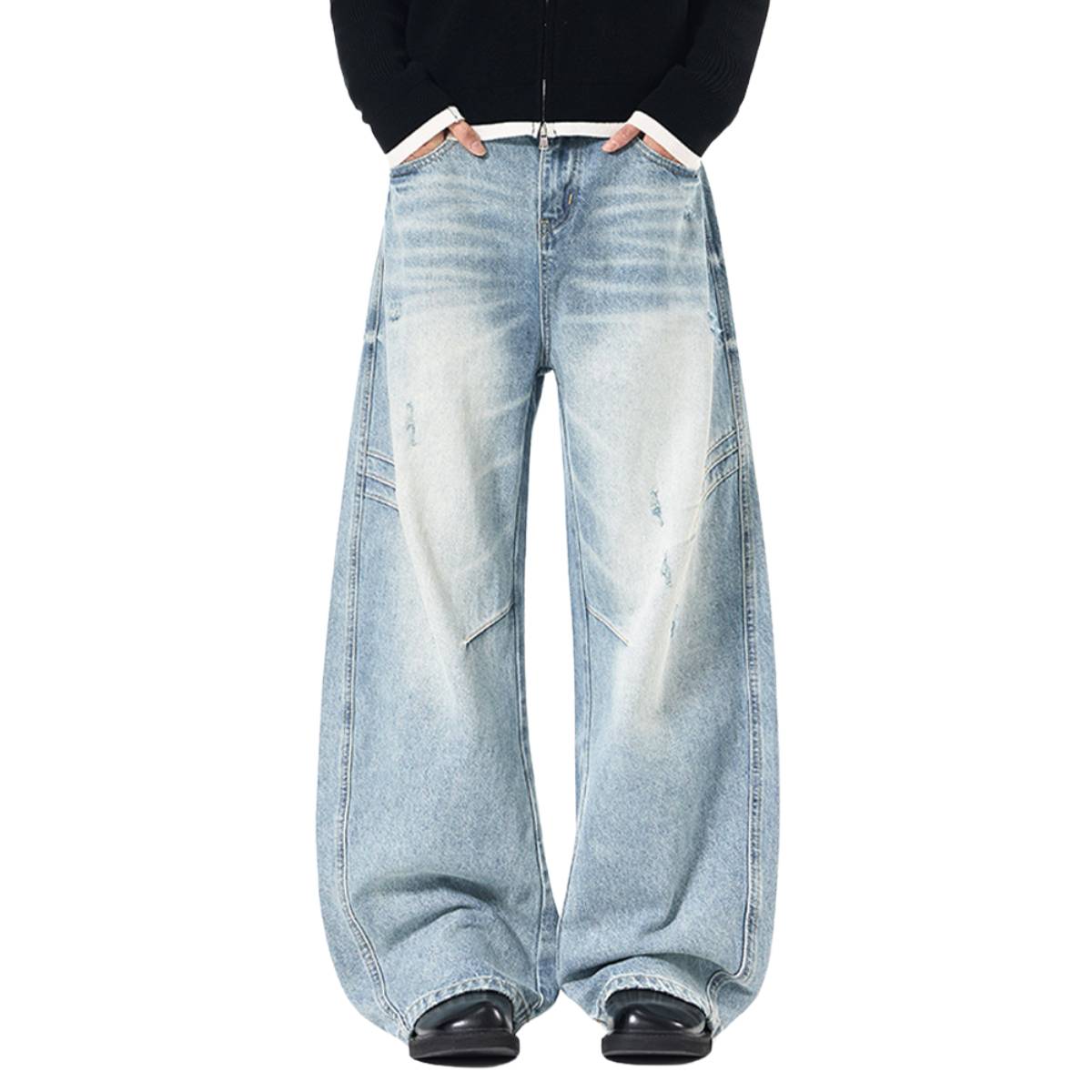 Washed Whiskered Balloon Fit Denim Jeans