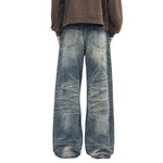 Wash Vintage Whiskered Fluid Flow Wide Leg Denim Jeans