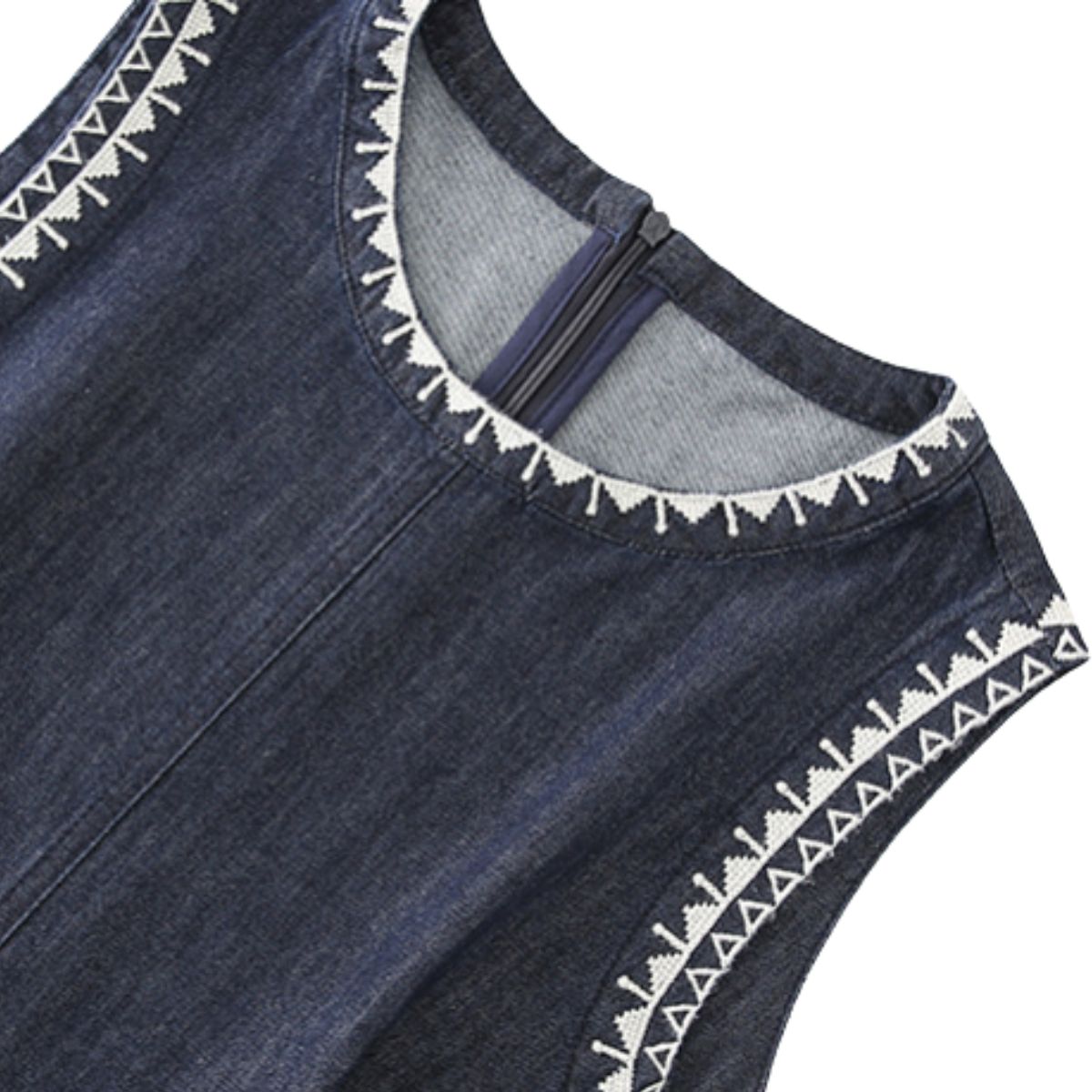 Sleeveless Embroidered Trim Denim Midi Dress