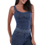 Knit Denim Corset Crop Fitted Tank