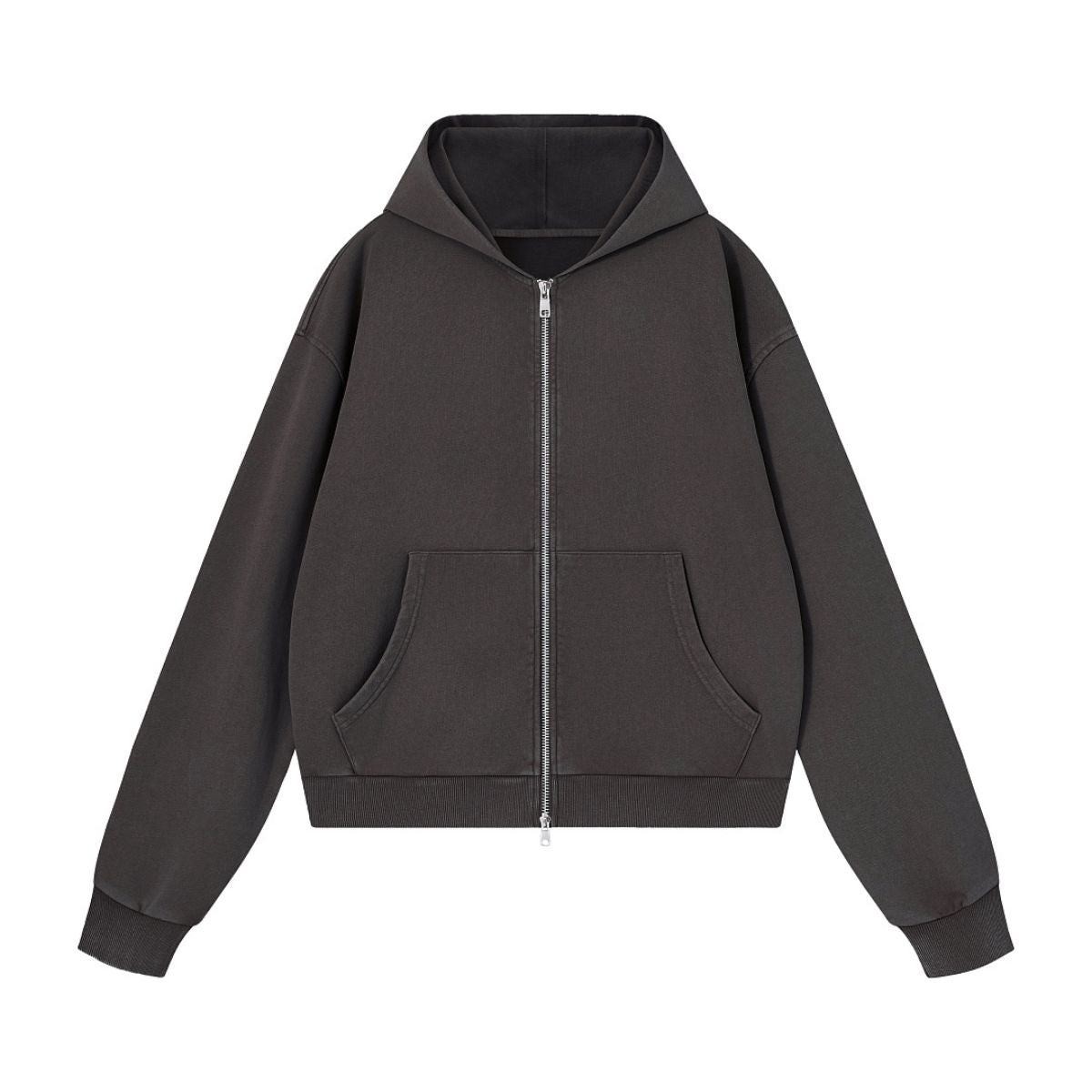 French Terry Washed Distressed Double‑Zip Hoodie