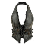 Women's Y2K Backless Fringe CorsetDenim Halter Top