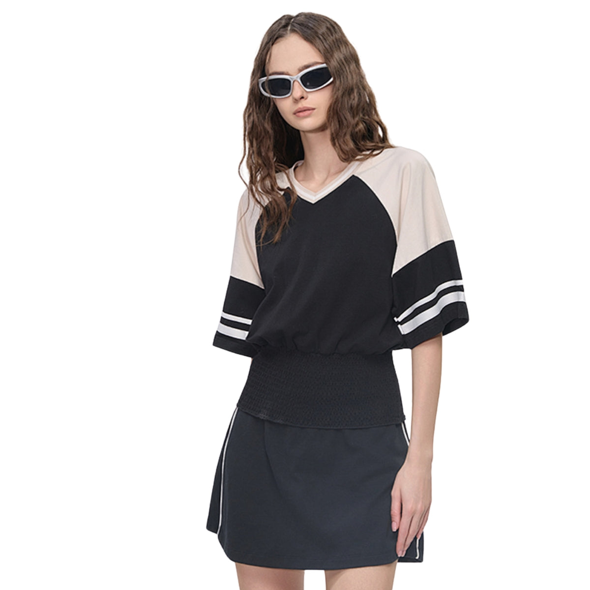 Fitted Color Splice Flare Sleeve Feminine Tee