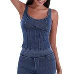 Knit Denim Corset Crop Fitted Tank
