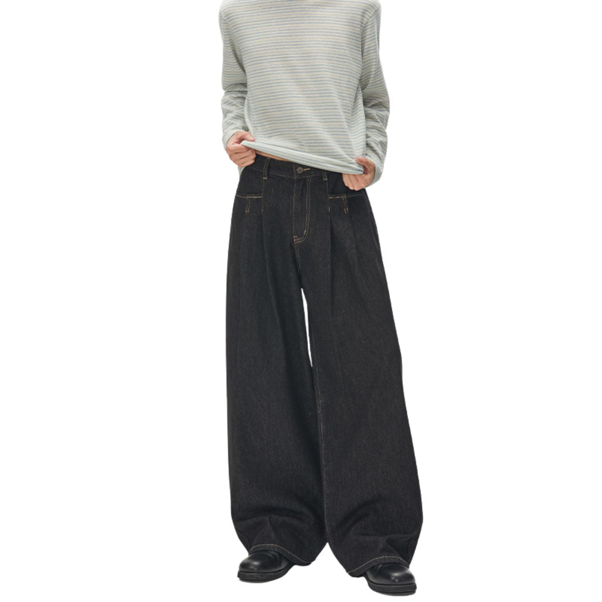Creased Raw Denim Straight‑Leg Jeans