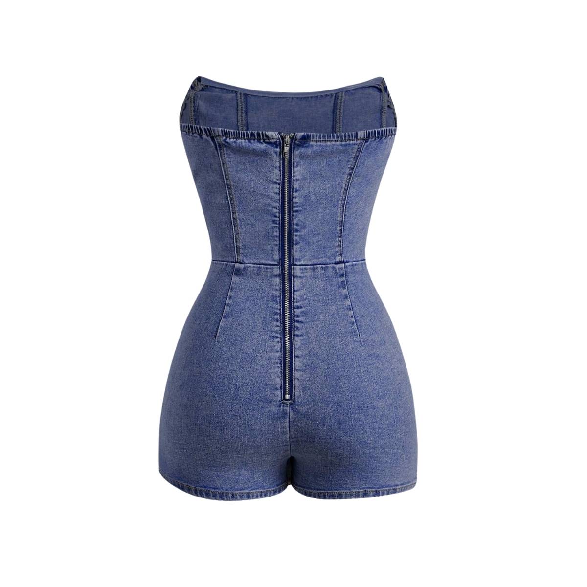 Women's Y2K Strapless Bodycon Wrap Front Short Denim Romper